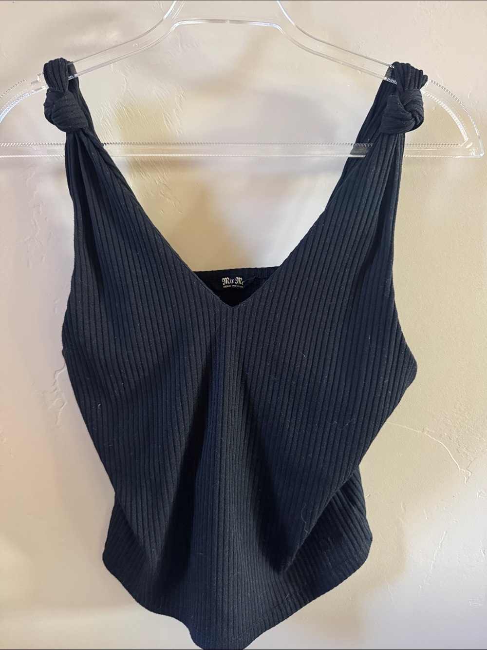 Miss Me Black Ribbed Tank with Knotted Straps